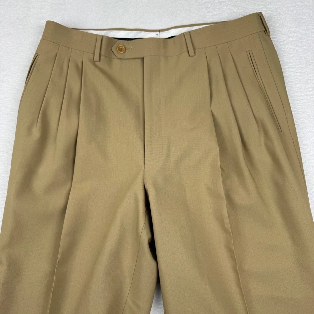 Canali Dress Trousers Mens 34 Tan Pure Wool Triple Pleated Cuffed Made in Italy